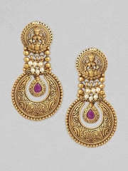 Gold Plated Handcrafted Filigree & Pink Stone Temple Drop Earrings